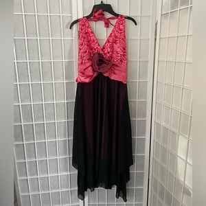 Cocktail dress black and coral with flower small halter backless knee-lenght